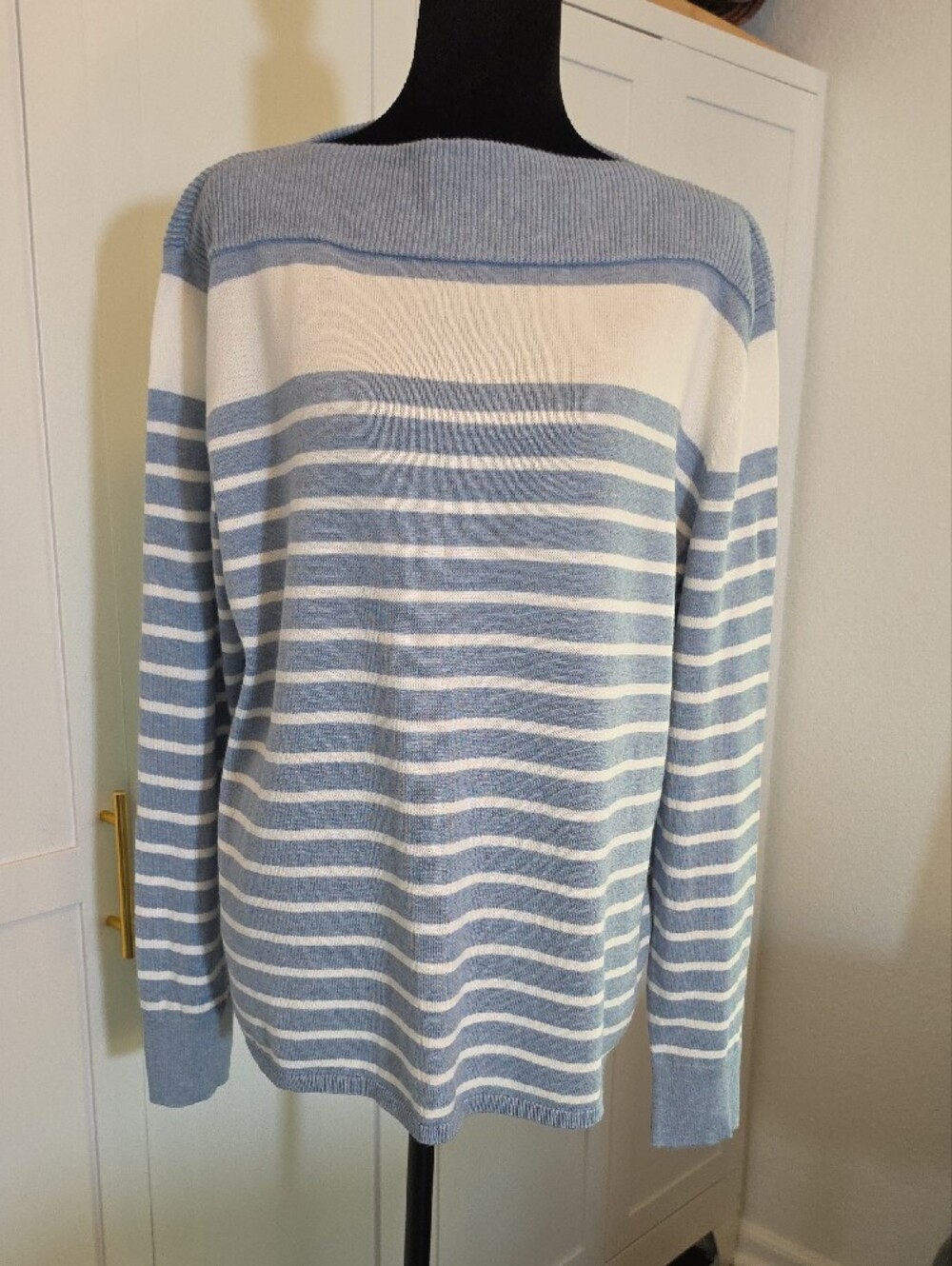 CHAPS Striped Boatneck Knit Sweater Light Blue & White Size XL - Picture 2 of 11
